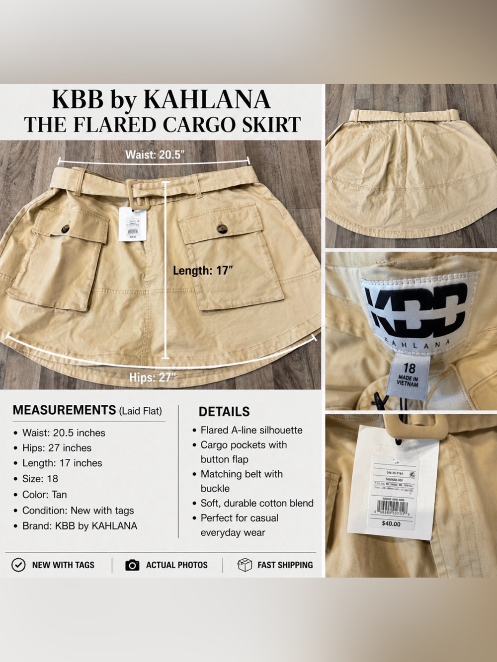 KBB by KAHLANA The Flared Cargo Skirt Tan Size 18 NWT Belted